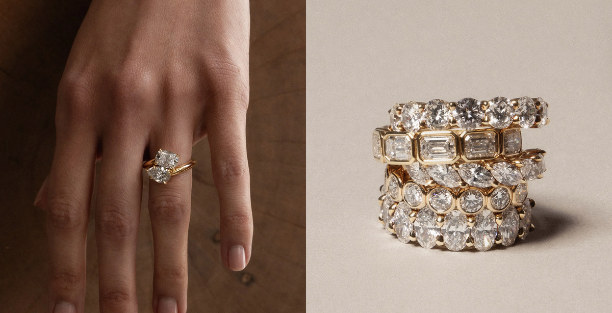 A split-screen promotional image for Voeme Fine Jewellery engagement and wedding rings, showing a close-up of a hand wearing an engagement ring on the left and a stack of gold wedding bands with clear gemstones on the right.